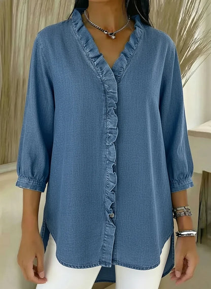 Delphine | Women's Denim V-Neck Ruffle Front Relaxed Shirt