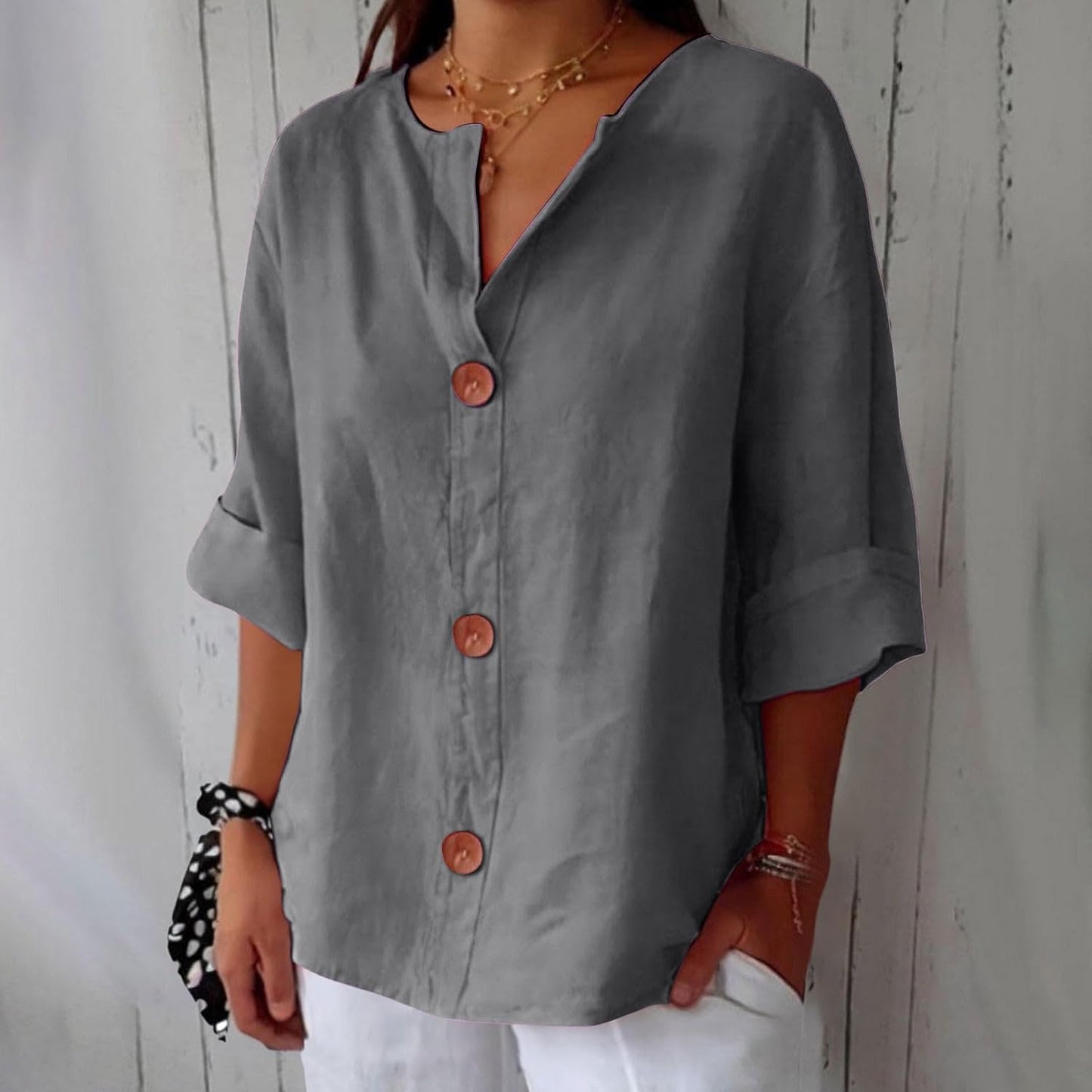 June | V Neck Button Down 3/4 Sleeve Relaxed Casual Blouse