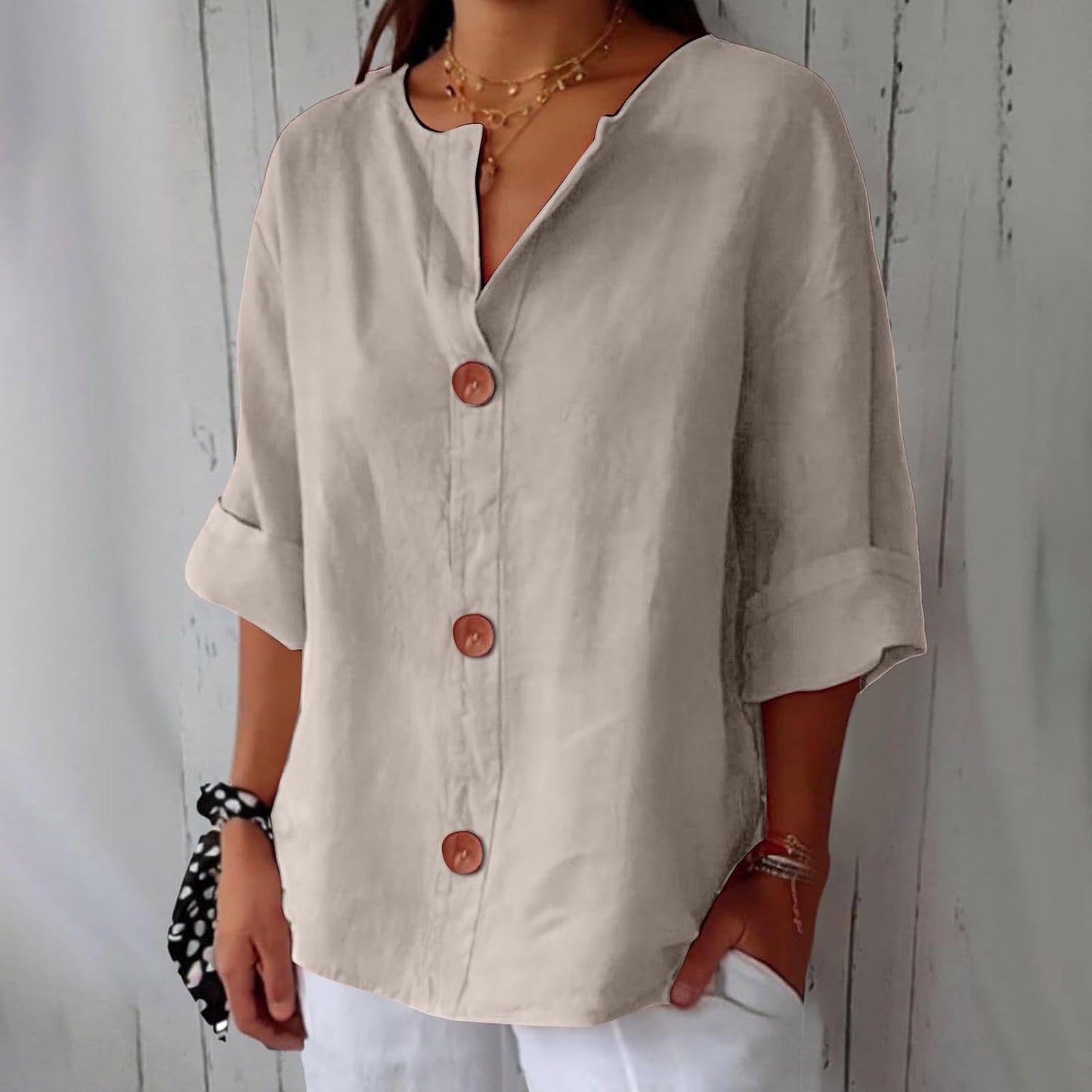 June | V Neck Button Down 3/4 Sleeve Relaxed Casual Blouse