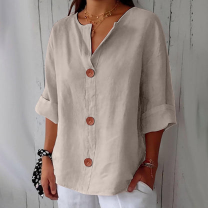 June | V Neck Button Down 3/4 Sleeve Relaxed Casual Blouse
