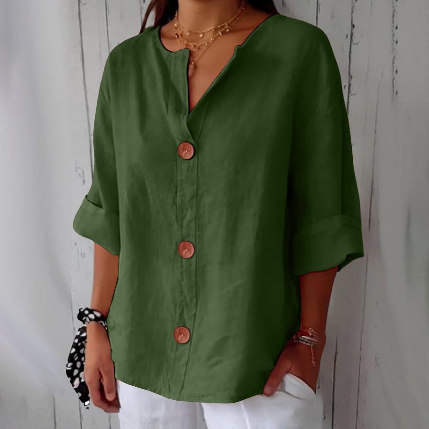 June | V Neck Button Down 3/4 Sleeve Relaxed Casual Blouse
