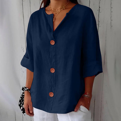 June | V Neck Button Down 3/4 Sleeve Relaxed Casual Blouse
