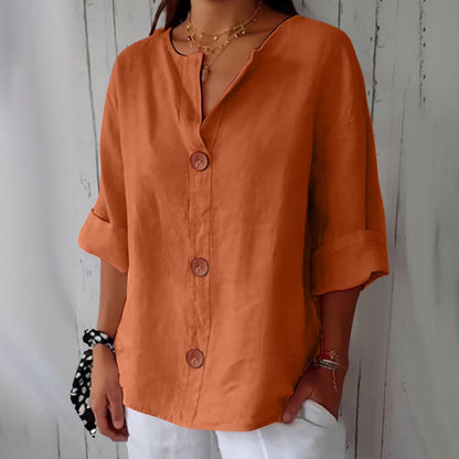 June | V Neck Button Down 3/4 Sleeve Relaxed Casual Blouse