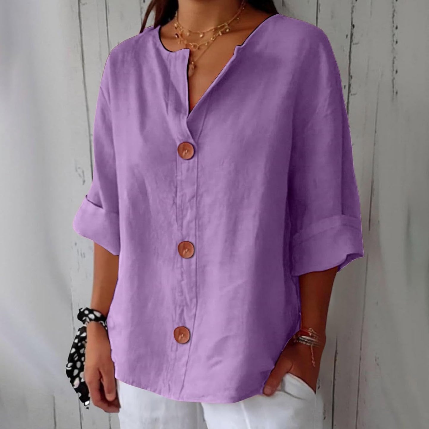 June | V Neck Button Down 3/4 Sleeve Relaxed Casual Blouse