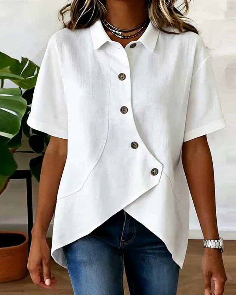 Marlowe | Women's Asymmetrical Placket Button Down Linen Blend Shirt
