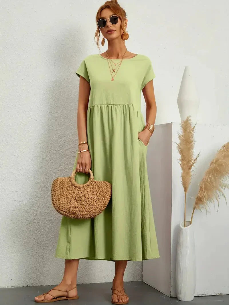 Sage | Short Sleeve Round Neck Gathered Waist Relaxed Maxi Dress