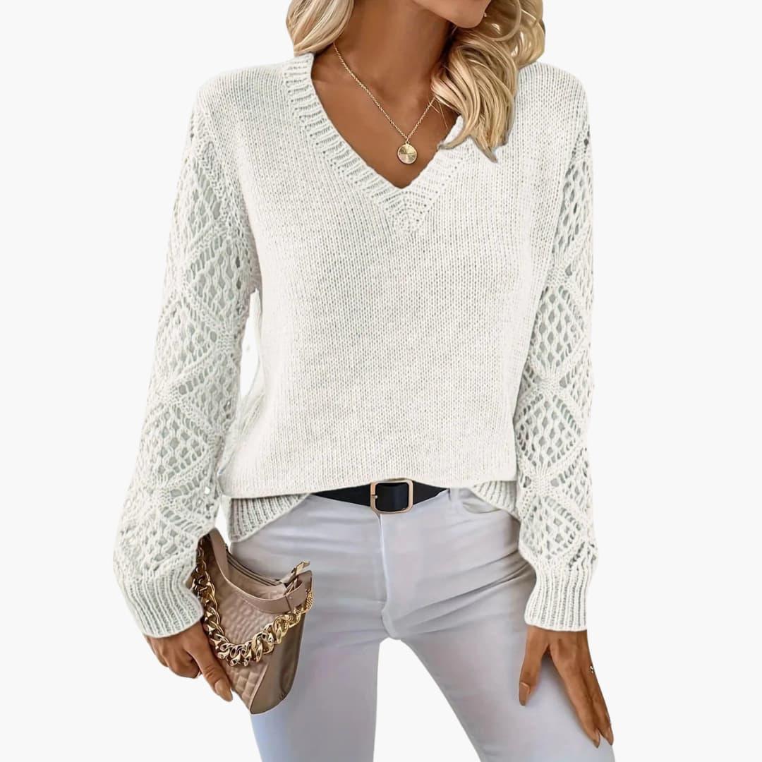 Marlowe | Women's Crochet Sleeve V-Neck Relaxed Knit Sweater