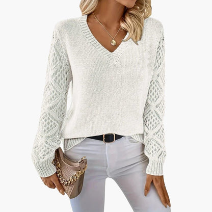 Marlowe | Women's Crochet Sleeve V-Neck Relaxed Knit Sweater