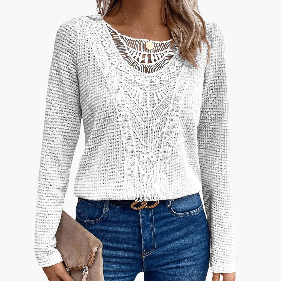 Elara | Women's Waffle Knit Lace Crochet Long Sleeve Top