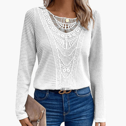Elara | Women's Waffle Knit Lace Crochet Long Sleeve Top