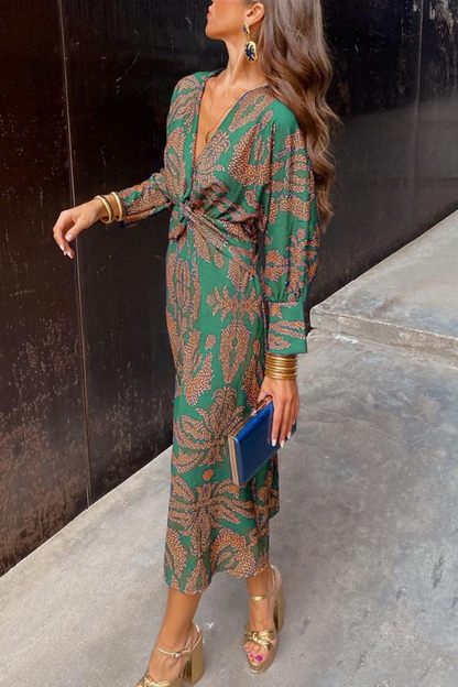 Faye | Printed Twist Front Deep V Neck Midi Dress
