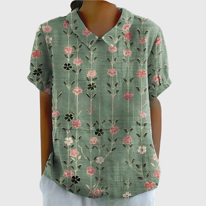 Jenna | Short Sleeve Floral Print Collared Relaxed Linen Blouse