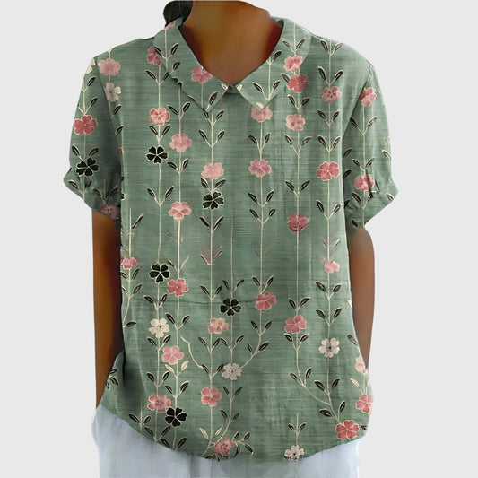 Jenna | Short Sleeve Floral Print Collared Relaxed Linen Blouse