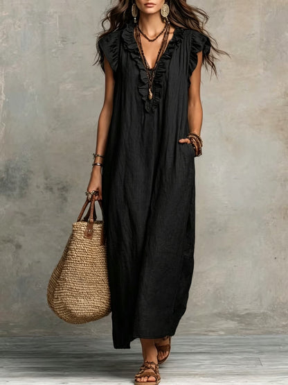 Delfina | Women's Ruffle V-Neck Relaxed Summer Maxi Dress