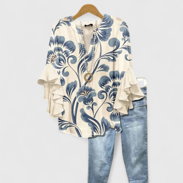 Saryphiah | Ruffle Sleeve Floral Print V Neck Relaxed Blouse