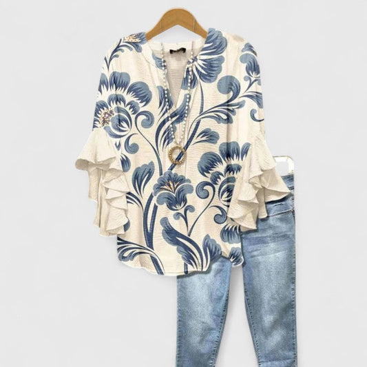 Saryphiah | Ruffle Sleeve Floral Print V Neck Relaxed Blouse