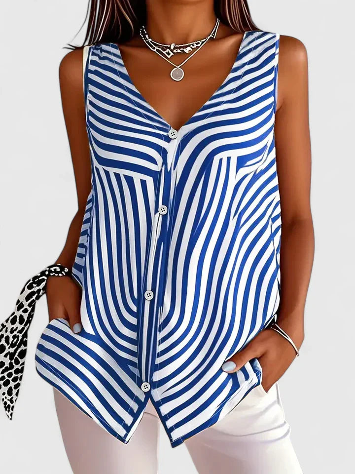 Meliyrah | Sleeveless Zebra Print V Neck Button Down Relaxed Blouse