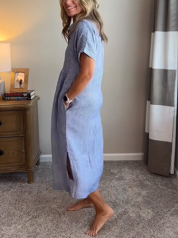 Brooke | Short Sleeve Striped Collared Button Up Casual Summer Midi Dress