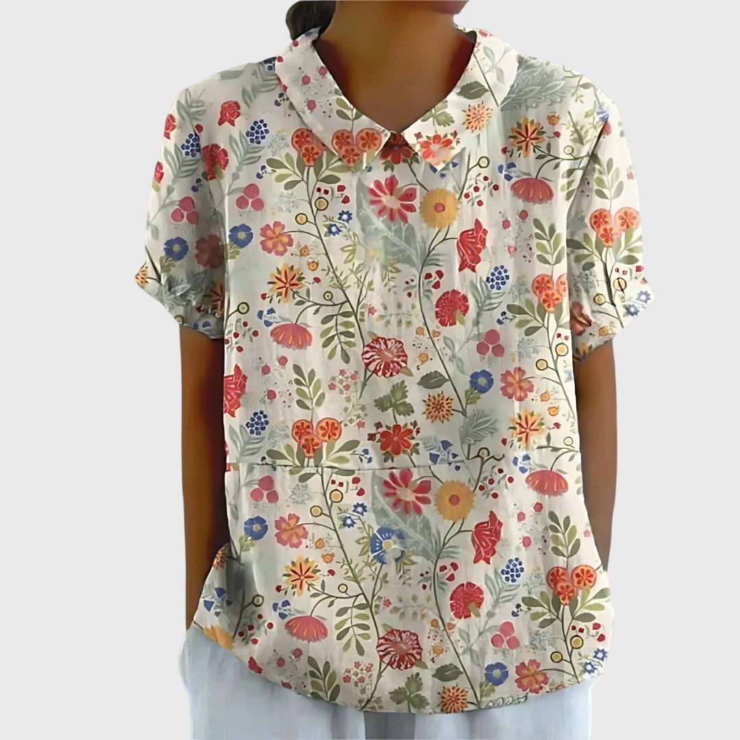 Jenna | Short Sleeve Floral Print Collared Relaxed Linen Blouse