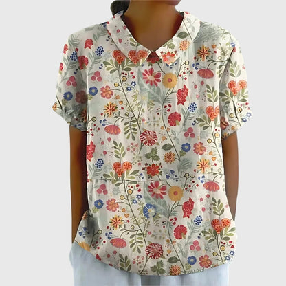 Jenna | Short Sleeve Floral Print Collared Relaxed Linen Blouse
