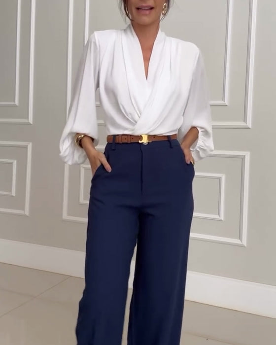 Vireo | Women's V-Neck Lantern Sleeve Draped Blouse