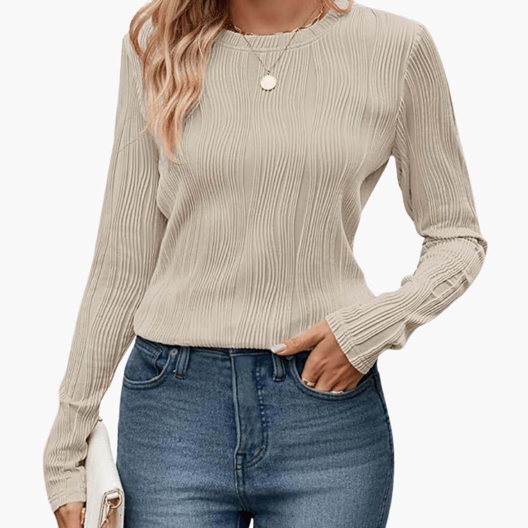 Isla | Women's Ribbed Textured Round Neck Long Sleeve Top
