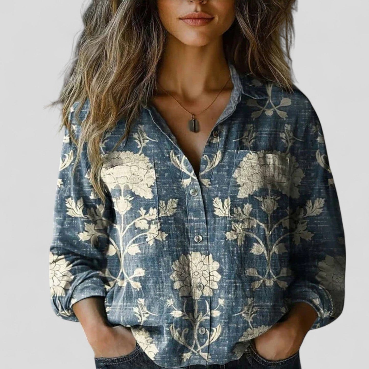 Lorenhilde | Floral Colorblock Long Sleeve Button Down Relaxed Boho Blouse