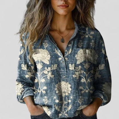 Lorenhilde | Floral Colorblock Long Sleeve Button Down Relaxed Boho Blouse