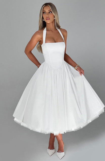 Chloe | Halter Tie Back Structured Bodice Voluminous Midi Wedding Guest Dress