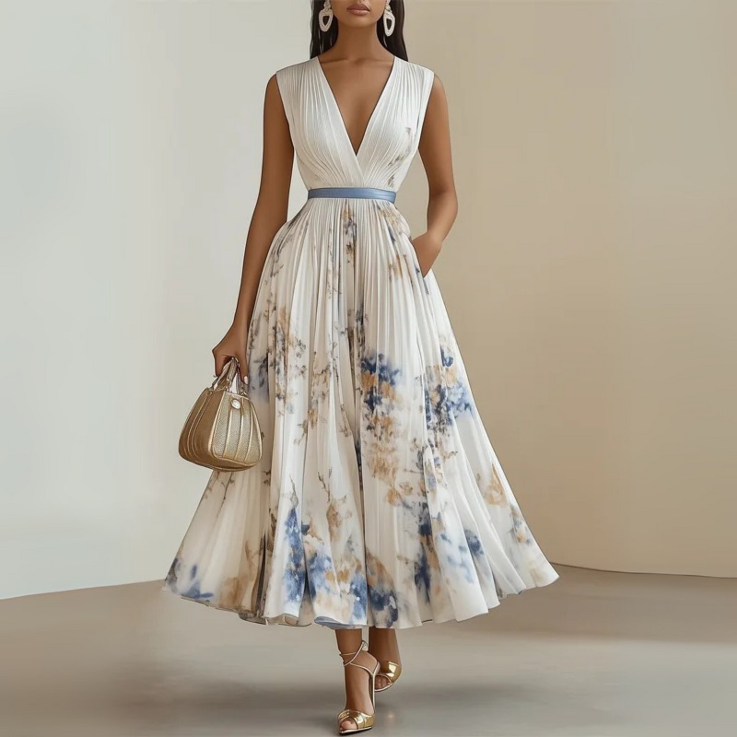 Aurora | Sleeveless Deep V Neck Floral Pleated Maxi Elegant Wedding Guest Dress