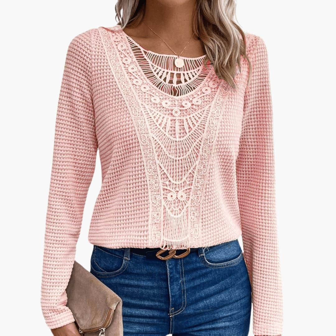 Marlowe | Women's Long Sleeve Crochet Lace Waffle Knit Top