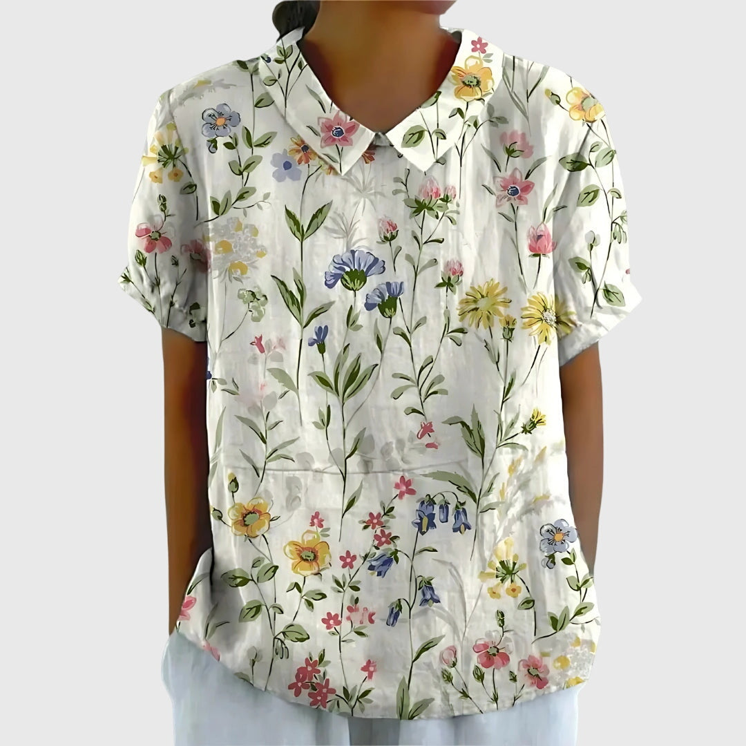 Jenna | Short Sleeve Floral Print Collared Relaxed Linen Blouse