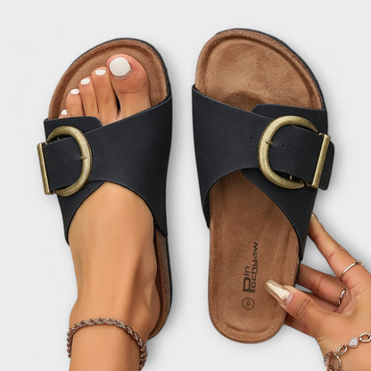 Joanna | Flat Sandals Cork Footbed Buckle Slide Orthopedic