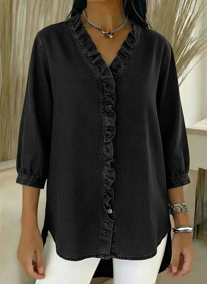 Delphine | Women's Denim V-Neck Ruffle Front Relaxed Shirt