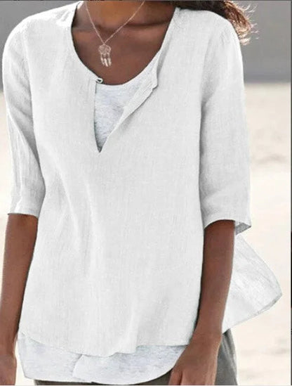 Maya | Linen Blend Split Neck 3/4 Sleeve Layered Hem Casual Top