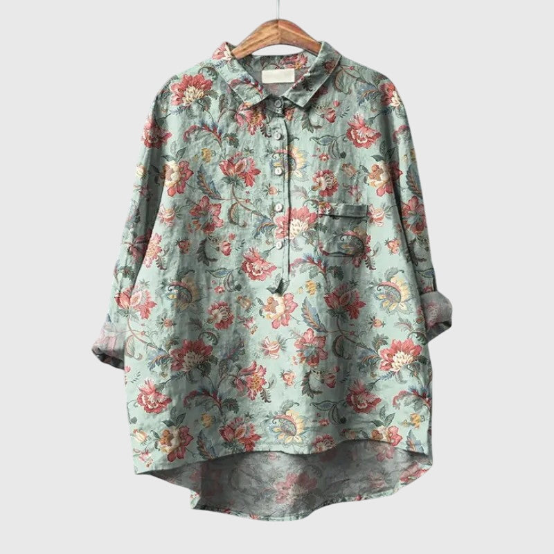 Elly | Floral Watercolor Long Sleeve Oversized Button Down Casual Blouse