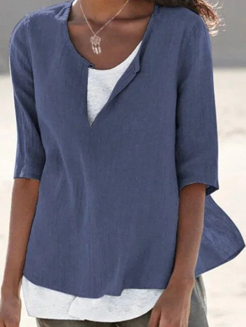Maya | Linen Blend Split Neck 3/4 Sleeve Layered Hem Casual Top