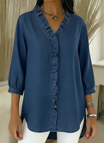 Delphine | Women's Denim V-Neck Ruffle Front Relaxed Shirt