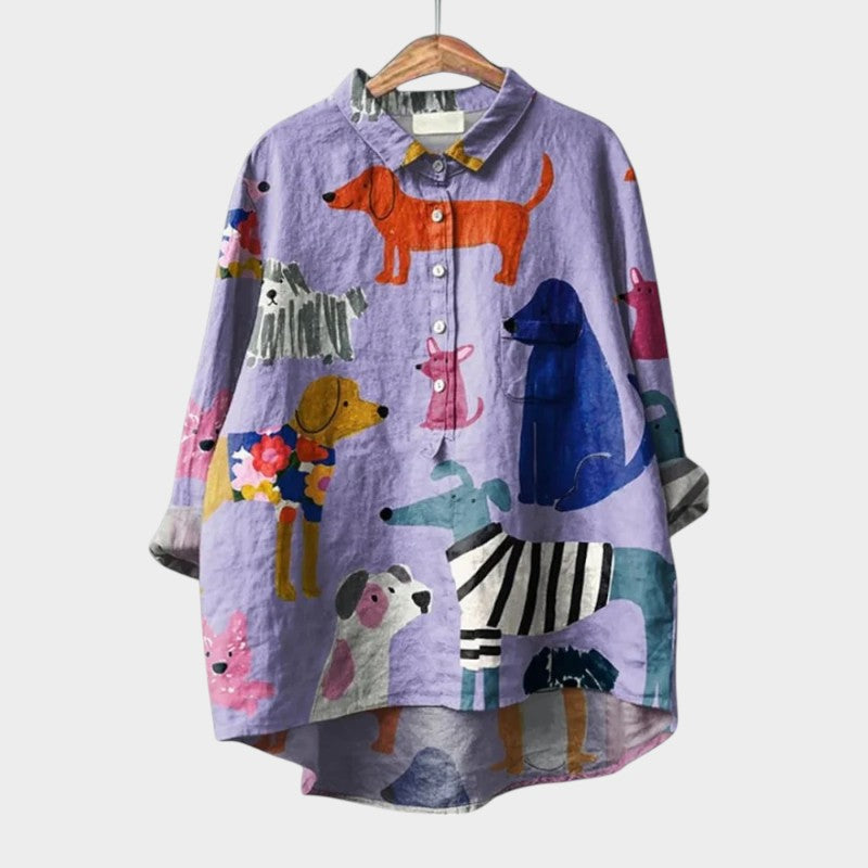 Milla | Long Sleeve Dog Print Collared Button Down Relaxed Blouse