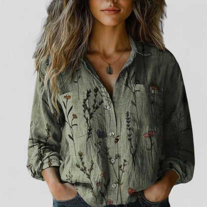Lorenhilde | Floral Colorblock Long Sleeve Button Down Relaxed Boho Blouse