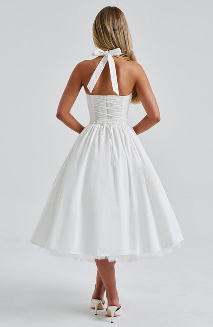 Chloe | Halter Tie Back Structured Bodice Voluminous Midi Wedding Guest Dress