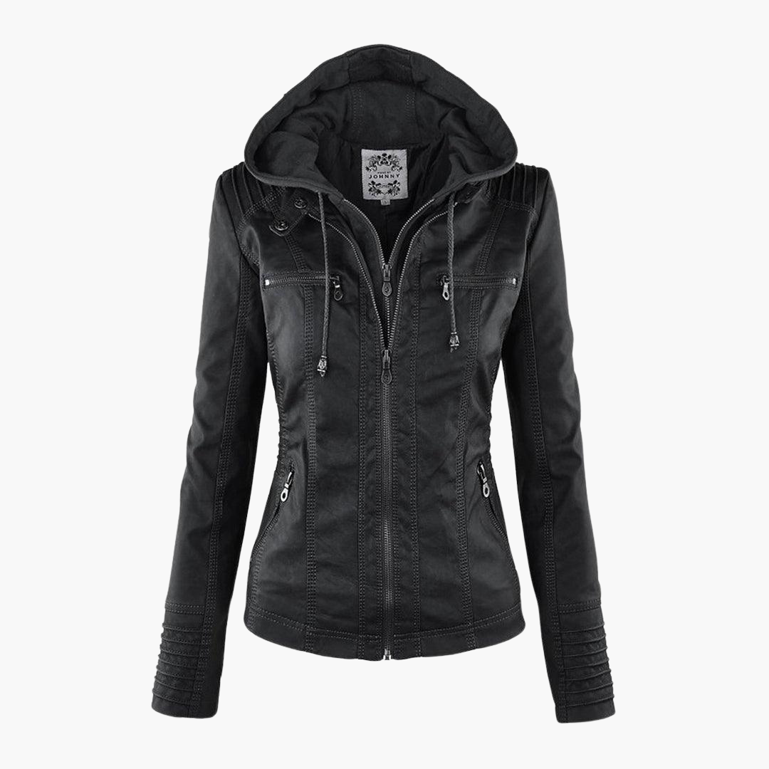 Harlow | Women's Faux Leather Hooded Zip-Up Moto Jacket