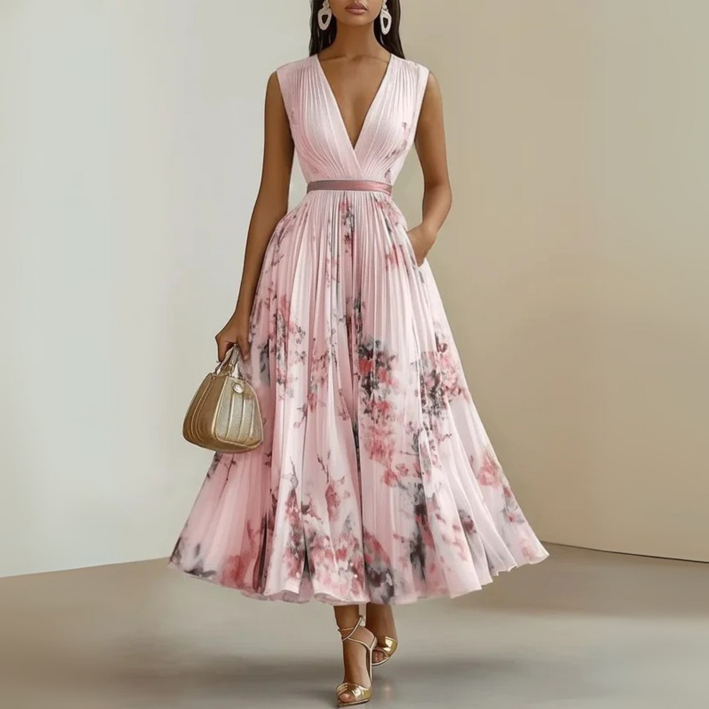 Aurora | Sleeveless Deep V Neck Floral Pleated Maxi Elegant Wedding Guest Dress