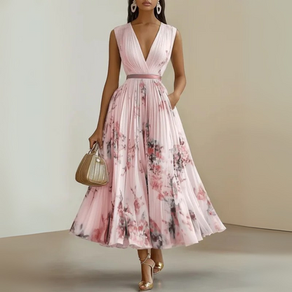 Aurora | Sleeveless Deep V Neck Floral Pleated Maxi Elegant Wedding Guest Dress