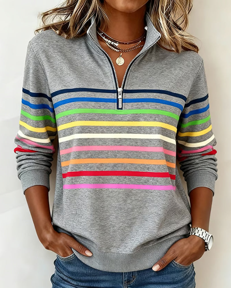 Remi | Multicolor Stripe Quarter Zip Stand Collar Casual Sweatshirt
