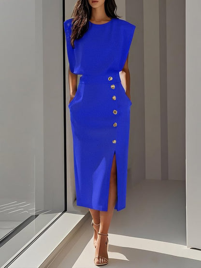 Quinn | Structured Shoulder Sleeveless Button Detail Midi Elegant Dress