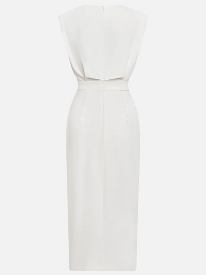 Quinn | Structured Shoulder Sleeveless Button Detail Midi Elegant Dress