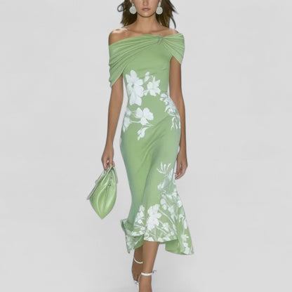 Isabrunel | Floral Off Shoulder Draped Ruffle Hem Bodycon Midi Dress