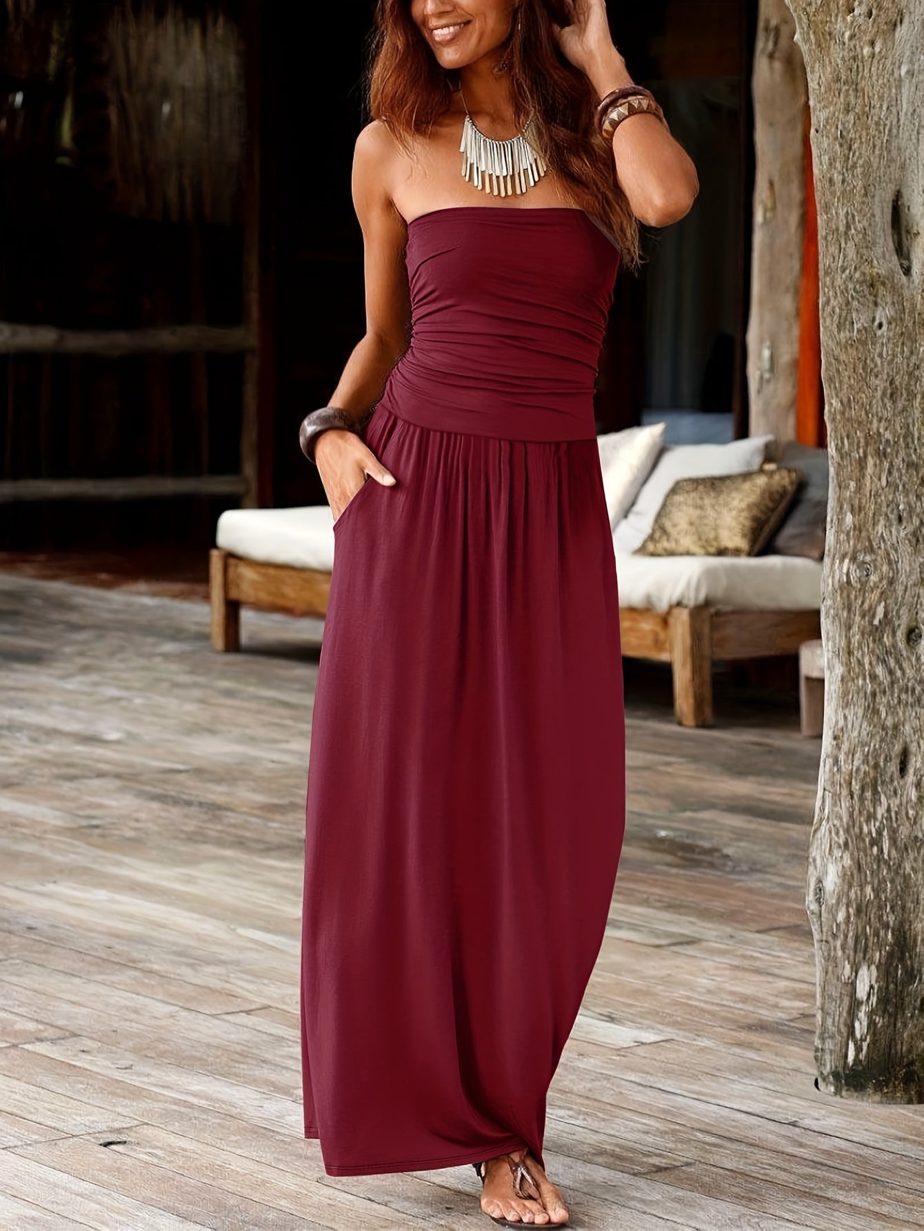 Marlowe | Women's Bandeau Ruched Pocket Maxi Dress