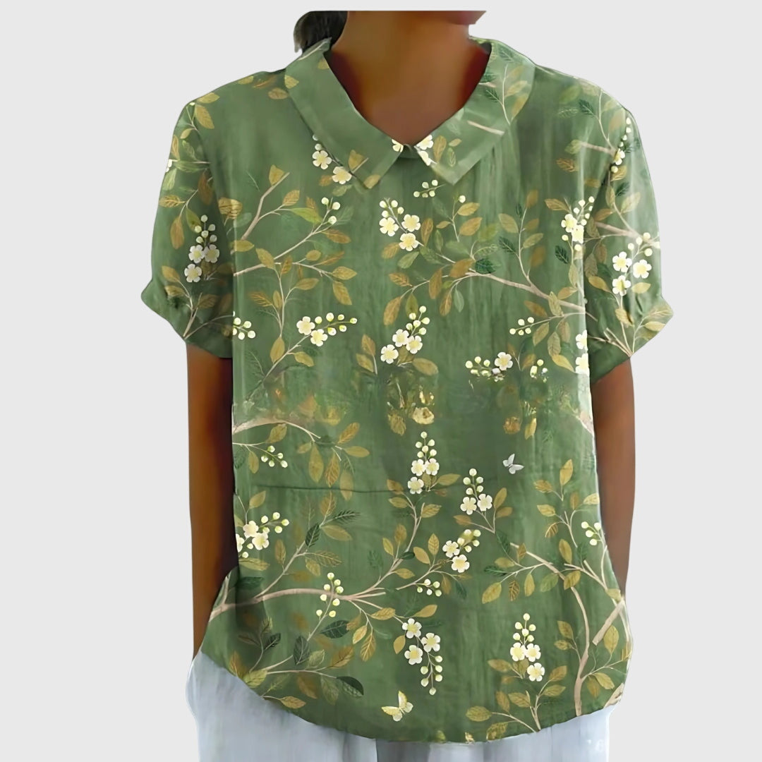 Jenna | Short Sleeve Floral Print Collared Relaxed Linen Blouse